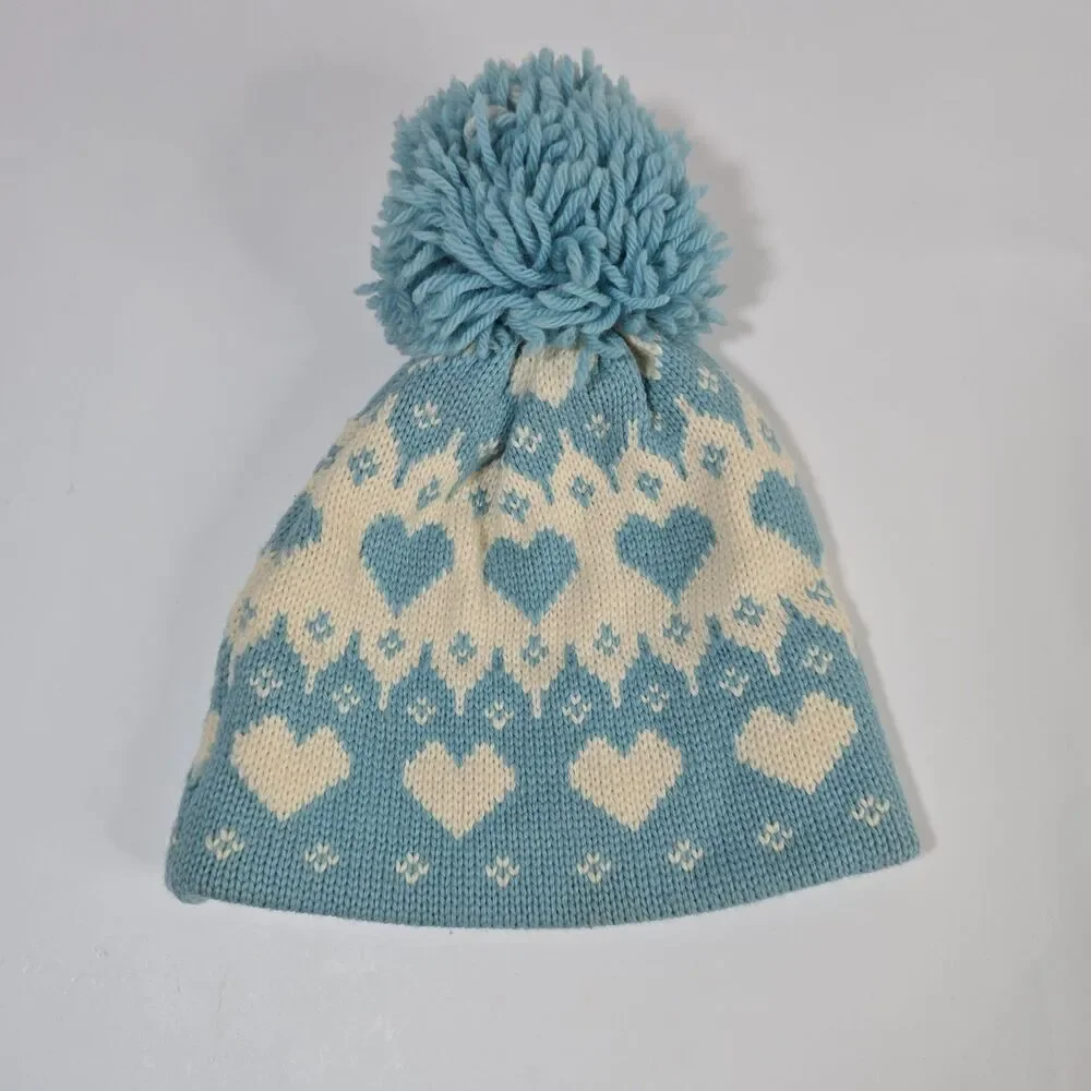 Winter Beanie Hat Knit With Pure 100% Wool Pompom Blue White HEARTS Cottagecore